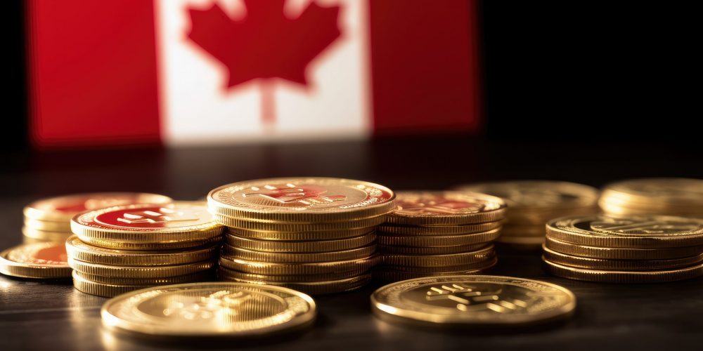 Bitcoin coins up close with the Canadian flag in the background. image conceptual