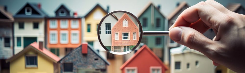 Collage with a magnifying glass and paper houses on hand. Real estate search concept
